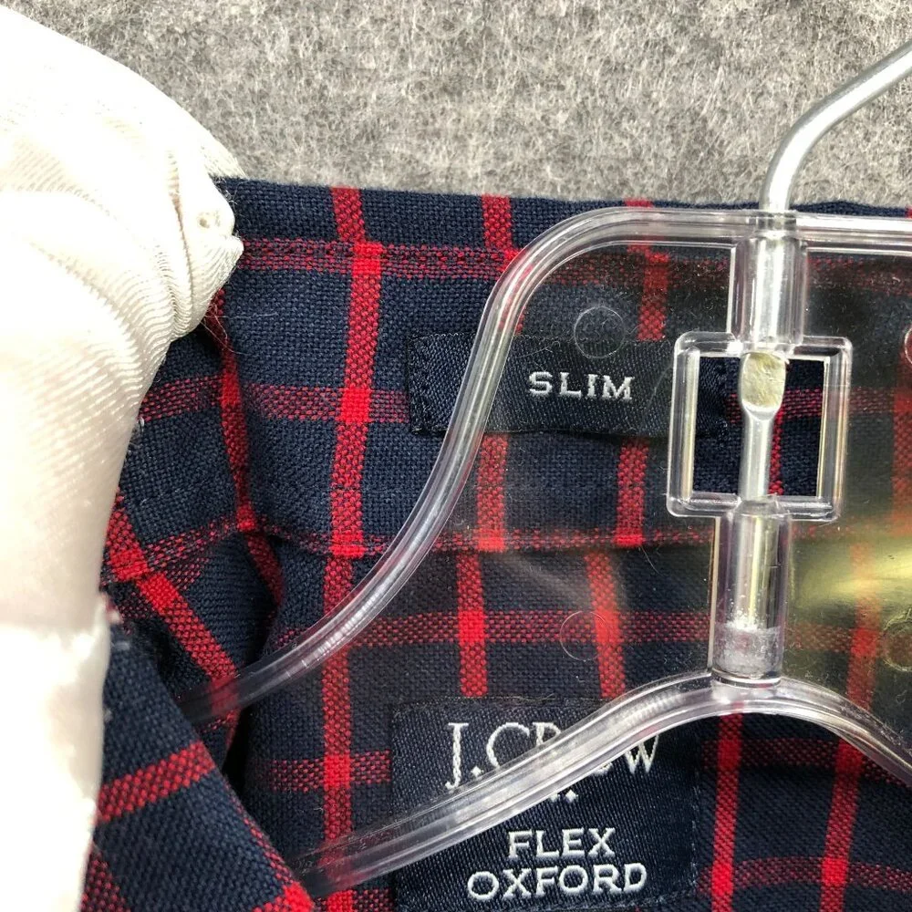 J. Crew Flex Oxford Shirt‎ Mens S Slim Fit Long Sleeve Navy Blue Red Check Plaid